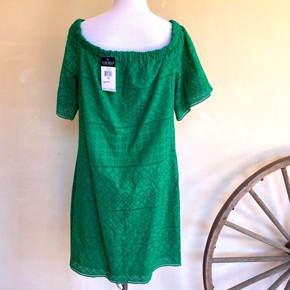 RALPH LAUREN Kelly Green Eyelet Dress Wear On/Off Shoulders Sz 10 NWT MSRP $195 - Picture 6 of 12